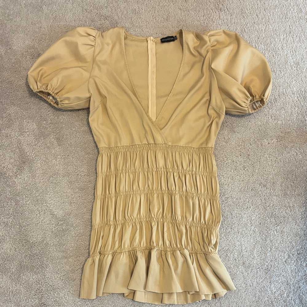 PrettyLittleThing Beige Dress with Puff Sleeves